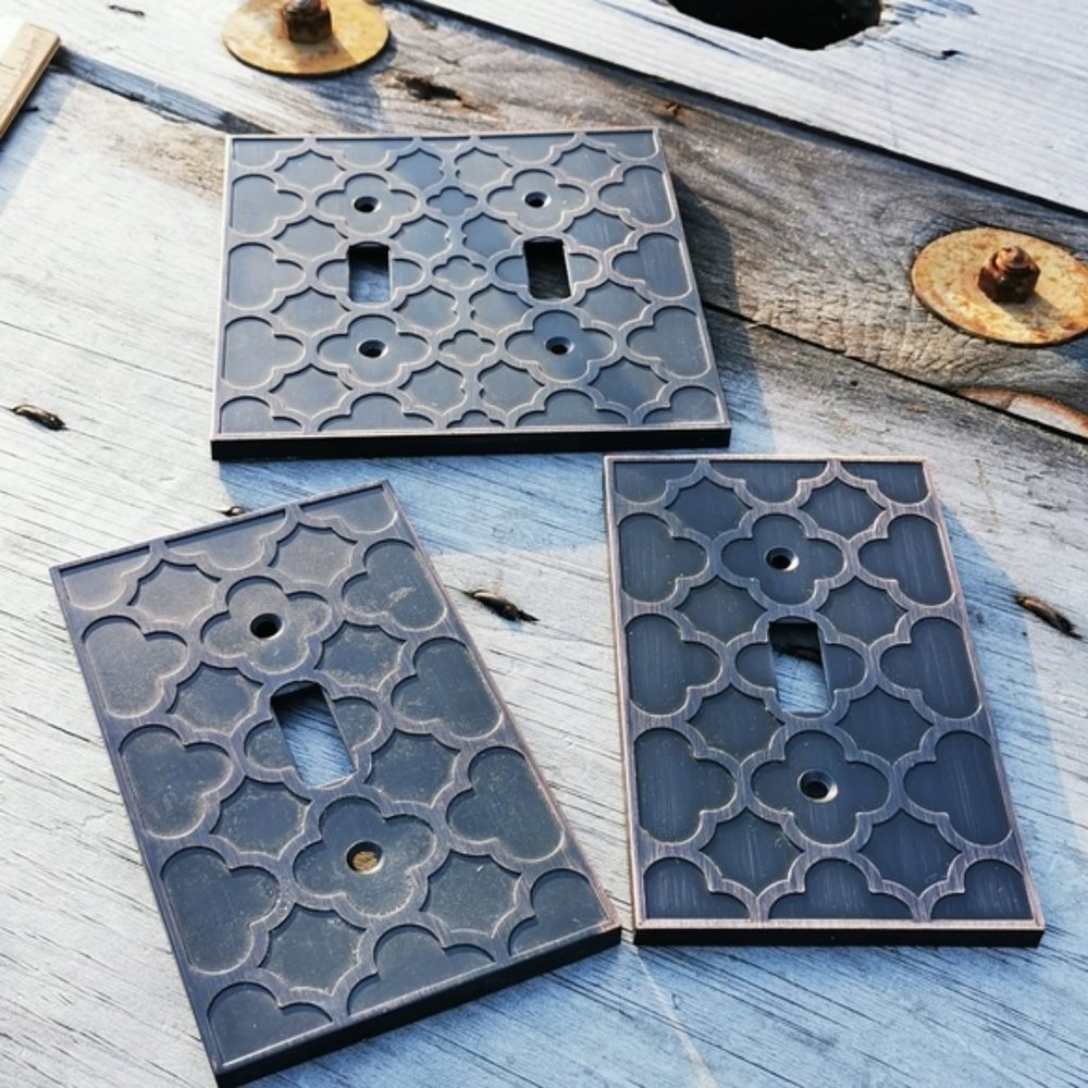 Trio of Embossed Allen and Roth Cast Bronze Light Switch Plates Covers